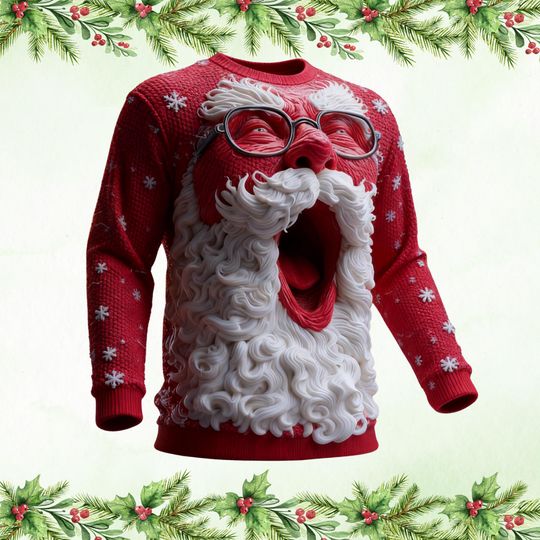 Discover Funny Santa Face Christmas Sweater, 3D Beard Holiday Pullover, Unique Ugly Xmas Party Outfit, Unisex Festive Sweatshirt