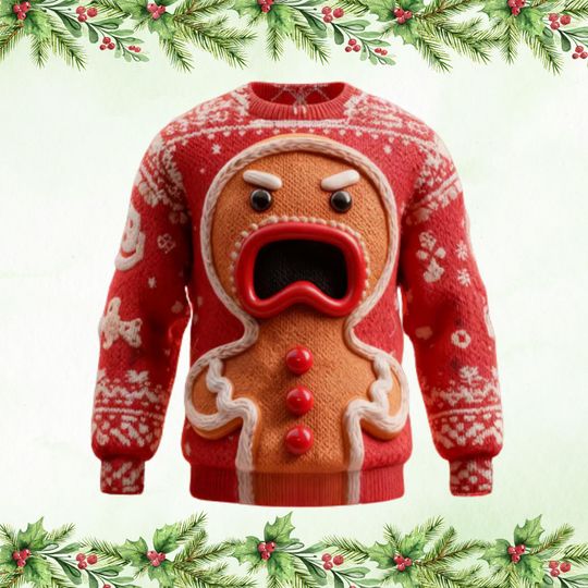 3D Gingerbread Face Christmas Sweater, Funny Holiday Cookie Sweater, Novelty Unisex Xmas Party Outfit, Festive Ugly Style Jumper
