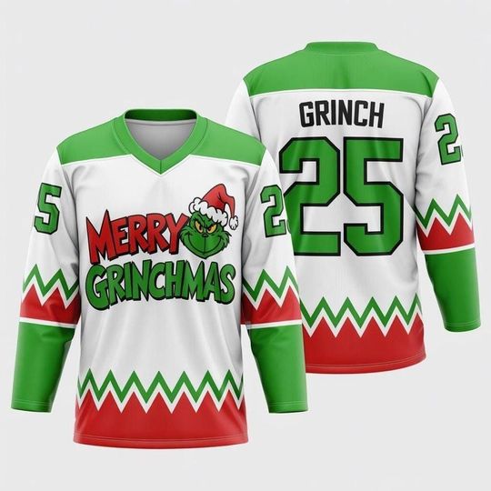 Personalized Merry Grin Black Men's Hockey Jersey, Custom Christmas Character