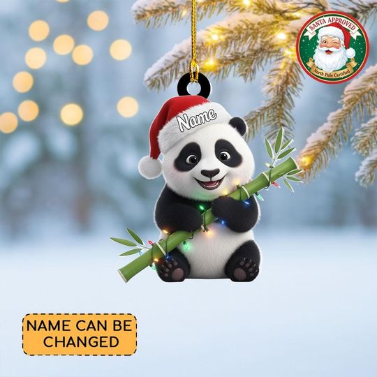 Personalized Panda Christmas Ornament, Baby Panda Ornament, Panda Hanging Ornament Decor, Panda Bamboo Ornament, Panda Lover Gift