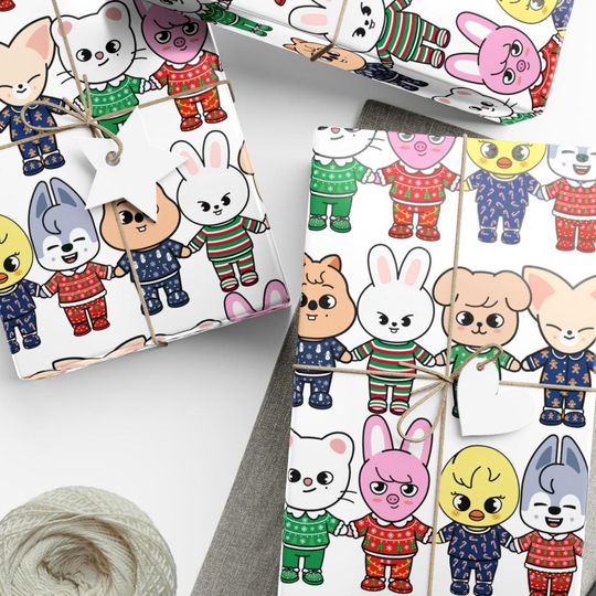 Discover SKZOO Holiday Pajamas Wrapping Paper, Cute Stray Kids Gift Wrap for STAY, Birthday Winter Party & Holiday Wrapping, Christmas Kpop Gift Wrap