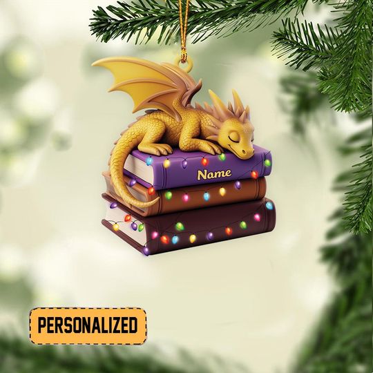 Discover Personalized Dragon Books Christmas Ornament, Dragon Sleeping On Books Ornament, Books Lovers Ornament, Bookworm Ornament Gift
