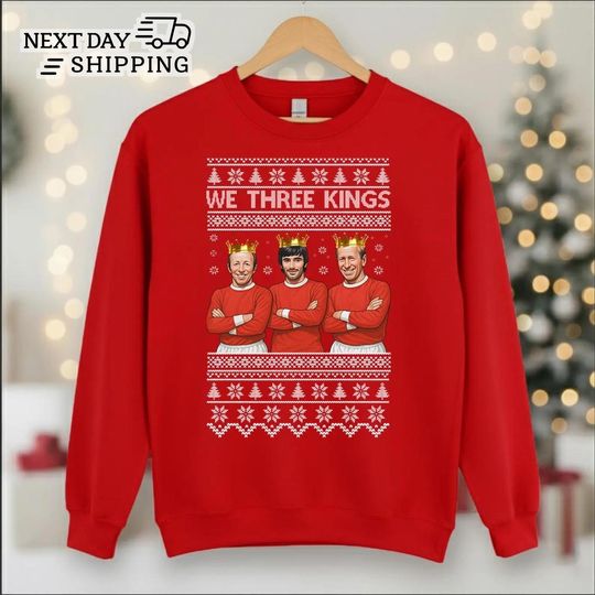 Best Law Charlton Ugly Christmas Jumper, We Three Kings United Xmas Printed Sweater, Funny Festive Manchester United Gift for Football Fans