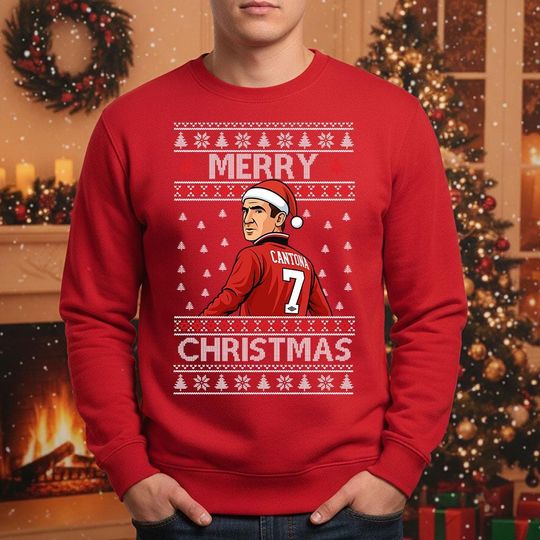 Discover Merry Christmas Cantona Sweatshirt, Football Fans Xmas Sweater, Ugly Manchester Festive Printed Jumpers, Soccer Sweaters, Xmas Gifts for Him