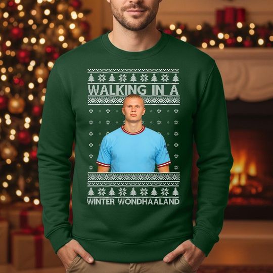 Discover Erling Haaland Ugly Christmas Sweatshirt, Walking In A Winter WondHaaland Xmas Sweaters, Novelty Holiday Printed Jumpers, Xmas Gift for Mens