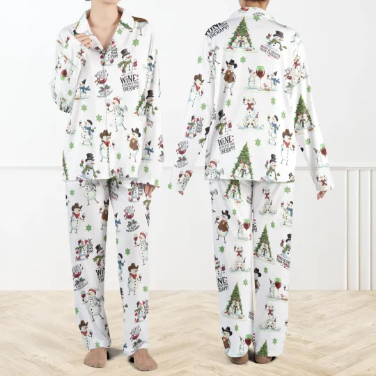 Winey Snowman Christmas Pajamas Set For Women And Kids Funny Wine Lover PJs Cozy
