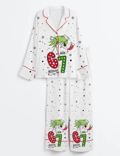 Womens Trending Six Seven Christmas funny character Santa Long Sleeve Pajama Set