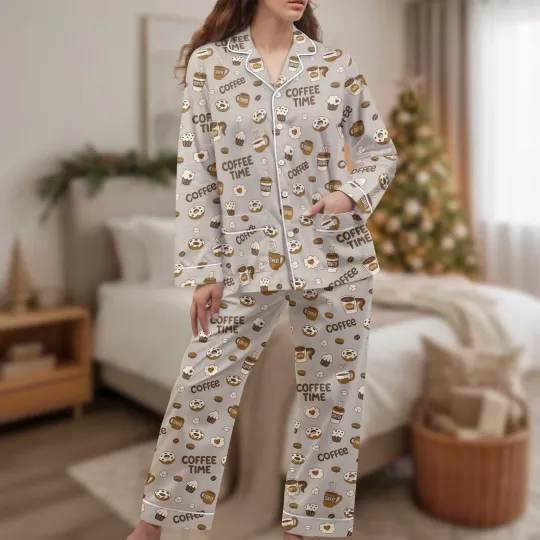Discover Coffee Lover Long Thick PJs Set Coffee Time Thick Pajamas Cafe Long Pajama Set