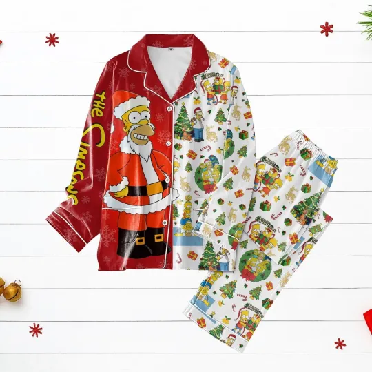 The Simpsons Christmas Pajamas Funny Cartoon Sleepwear Santa Homer Pajama Set