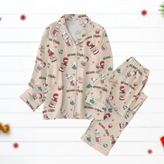 Silent Night Funny Christmas Pajamas Set Wine Lover Holiday Pjs Beige Cozy Sleepwear