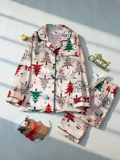 Funky Christmas Tree Comfy Long Sleeve Pajama Set 3D All Over Print