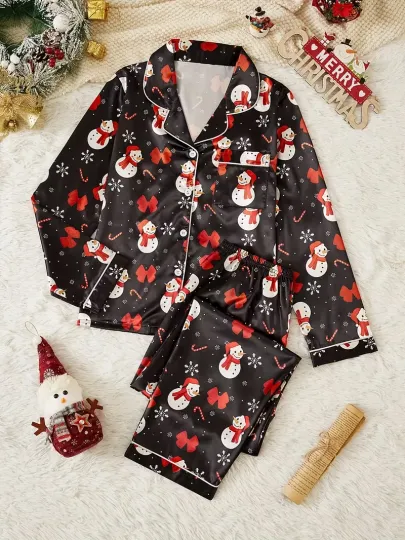 Discover Cute Xmas Bow Tie Snow Long Sleeve Pajama Set 3D All Over Print