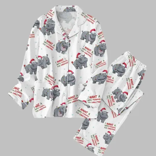 Jingle Bells Hippo Comfy Long Sleeve Pajama Set 3D All Over Print