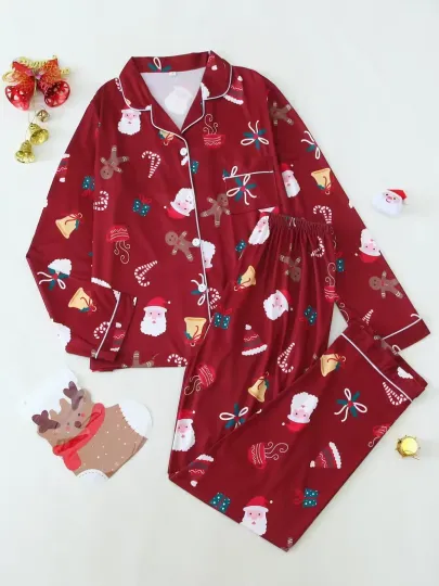 Discover Burgundy Santa Gingerbread Long Sleeve Pajama Set 3D All Over Print