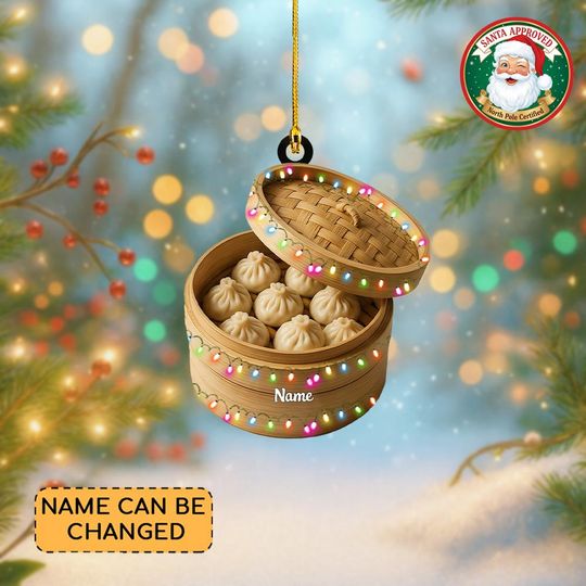 Personalized Bamboo Steamer Christmas Ornament, Dumplings Ornament, Dim Sum Ornament, Bamboo Steamer Gift, Bao Siblings Ornament