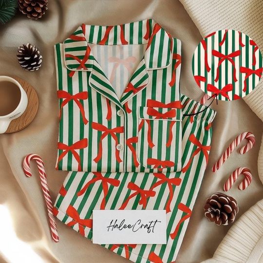 Red Bow Christmas Pajama Set for Women, Green Stripe Holiday Short Sleeve Sleepwear