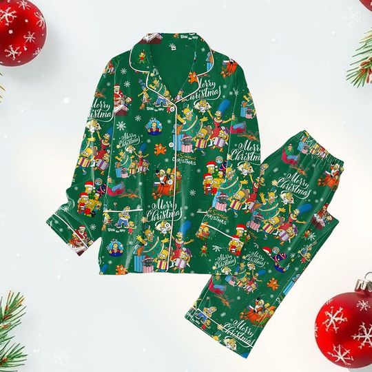 The Simpsons Family Xmas Pajamas Set, Homer Simpson Cartoon Pajamas, Adult Sleepwear