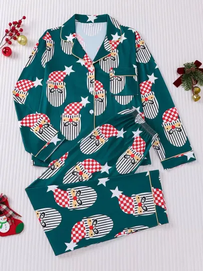 Discover Dapper Santa & Star Print Long Sleeve Pajama Set 3D All Over Print