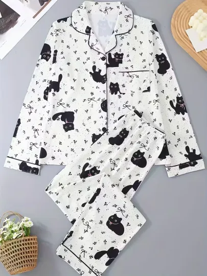 Discover Black Cat Nap Time Poses Long Sleeve Pajama Set 3D All Over Print