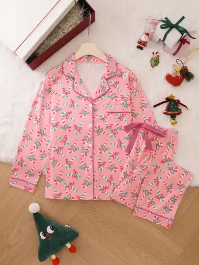 Discover Candy Cane Ribbon Swirl Long Sleeve Pajama Set 3D All Over Print