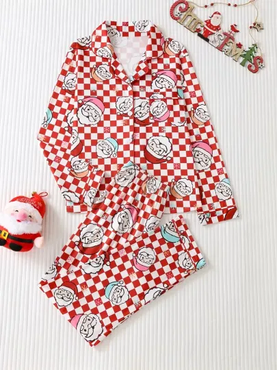 Discover Red Checkered Santa Face Long Sleeve Pajama Set 3D All Over Print