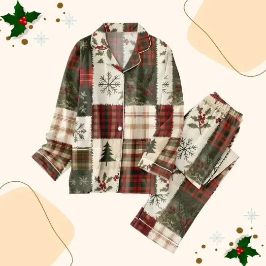 Discover Vintage Christmas Squares Long Sleeve Pajama Set 3D All Over Print