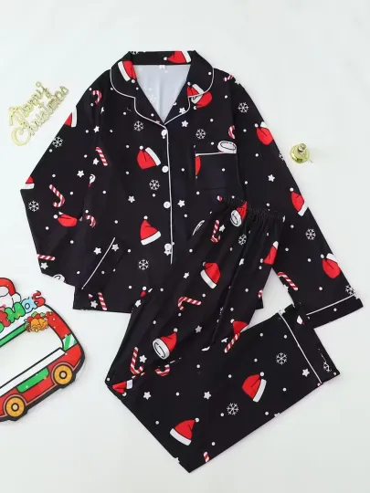 Black Xmas Cap Snowflake Long Sleeve Pajama Set 3D All Over Print