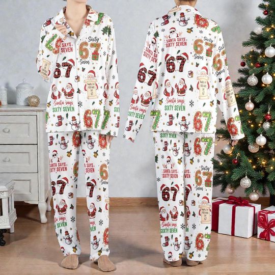 Discover Funny 67 Six Seven Meme Christmas Pajama Set 2025, Matching Family Sleepwear, Winter Holiday PJs