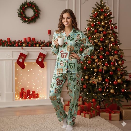 Discover Funny 67 Six Seven Meme Christmas PJs Set 2025, Matching Family Sleepwear, Holiday Pajamas
