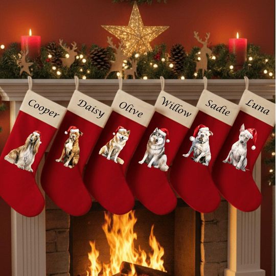 Discover Custom Dog Velvet Christmas Stocking, Velvet Bone or Classic Shape (Name & Breed)