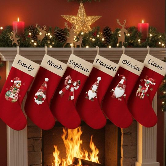 Discover Holiday Velvet Christmas Stocking, Patchwork Santa & Reindeer (Custom Name)