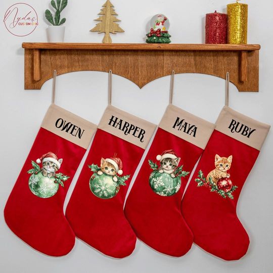 Discover Personalized Velvet Christmas Stocking with Cute Kitten Design, Custom Name Holiday Stocking, Cozy Velvet Xmas Decor, Gift for Cat Lovers