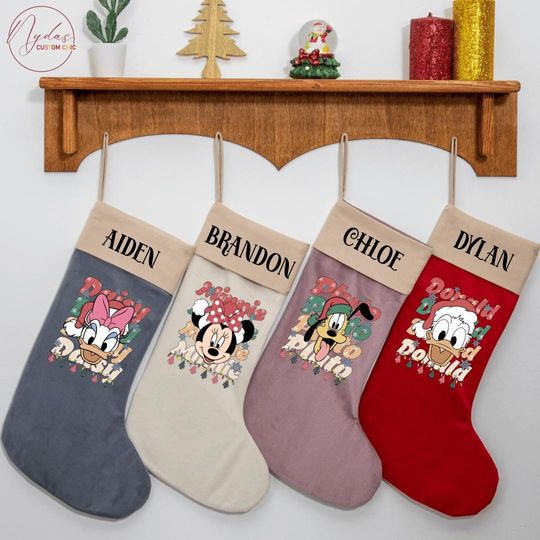 Discover Personalized Velvet Christmas Stocking, Disney Character Stocking with Name, Custom Velvet Xmas Stocking for Family Holiday Fireplace Dcor