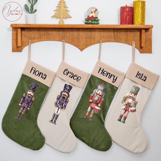 Personalized Velvet Christmas Stocking with Nutcracker Soldier Design, Custom Name Stocking, Elegant Velvet Xmas Decor, Gift for Families