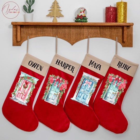 Discover Personalized Velvet Christmas Stocking with Festive Door Design, Custom Name Holiday Stocking, Cozy Velvet Xmas Decor Cute Gift for Families