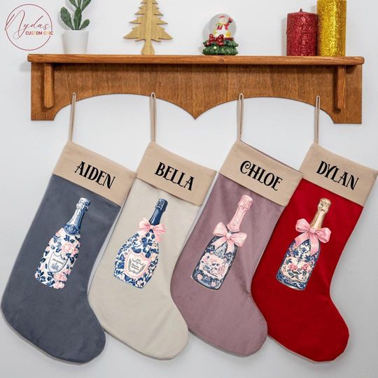 Discover Personalized Velvet Christmas Stocking with Chinoiserie Champagne Bottle Design, Custom Name Stocking Cute & Elegant Velvet Xmas Decor Gift