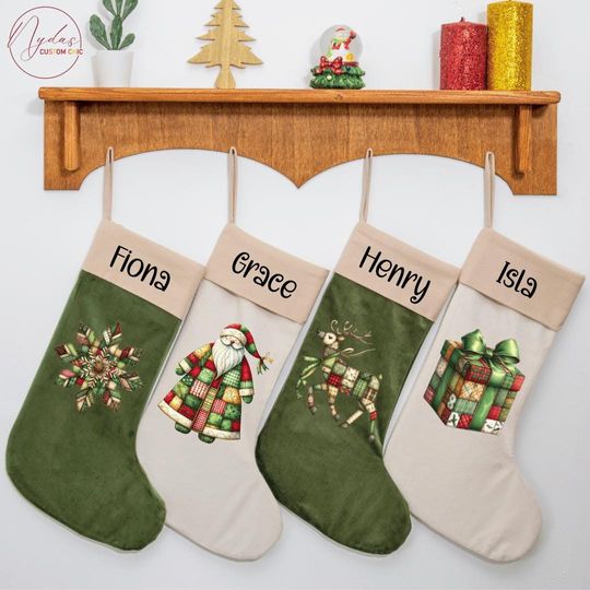 Personalized Velvet Christmas Stocking with Patchwork Holiday Design, Custom Name Stocking, Rustic Velvet Xmas Decor, Cute Gift for Families