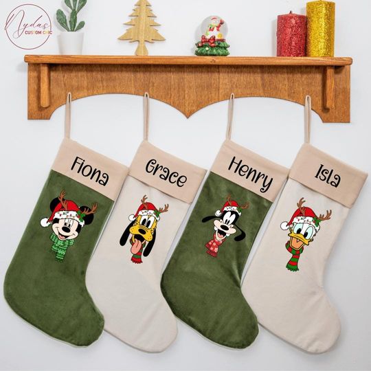 Discover Personalized Velvet Christmas Stocking, Disney Character Stocking with Name, Custom Velvet Xmas Stocking for Family Kids, Holiday Dcor Gift
