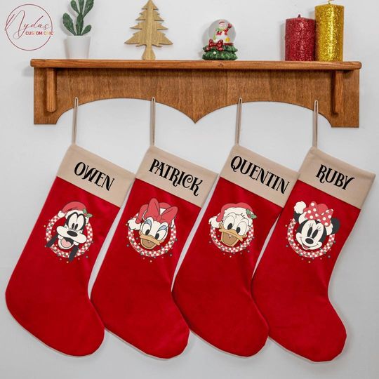 Discover Personalized Velvet Christmas Stocking, Disney Character Stocking with Name, Custom Velvet Xmas Stocking for Family Holiday Fireplace Dcor