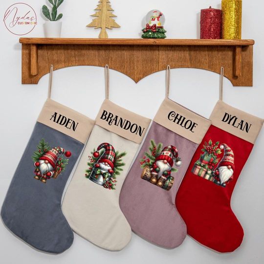 Personalized Velvet Christmas Stocking, Plaid Gnome Stocking with Name, Custom Velvet Xmas Stocking for Family Fireplace Holiday Dcor Gift