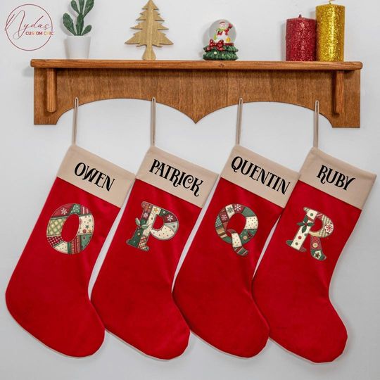Personalized Velvet Christmas Stocking, Patchwork Letter Stocking with Name, Custom Holiday Velvet Xmas Stocking for Family Fireplace Dcor