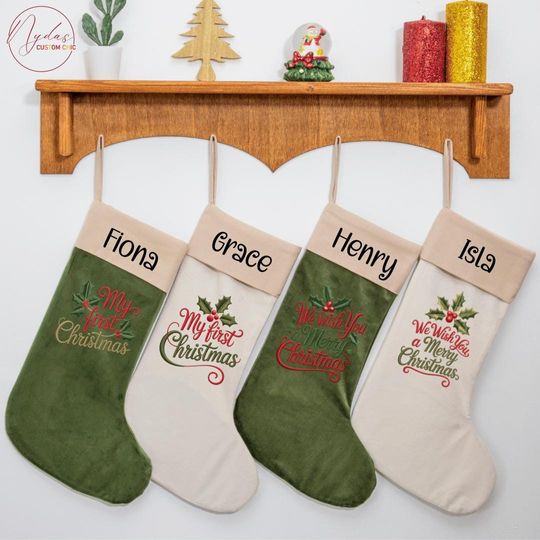 Personalized Christmas Stocking, Merry Christmas Velvet Stocking with Name, Holiday Decor, Holly Jolly Stocking, Festive Family Gift