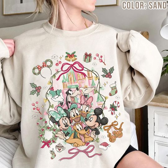 Discover Vintage Coquette bow Disney Mickey & friends Magic Kingdom Christmas Sweatshirt, Mickey's Very merry Christmas family matching shirt