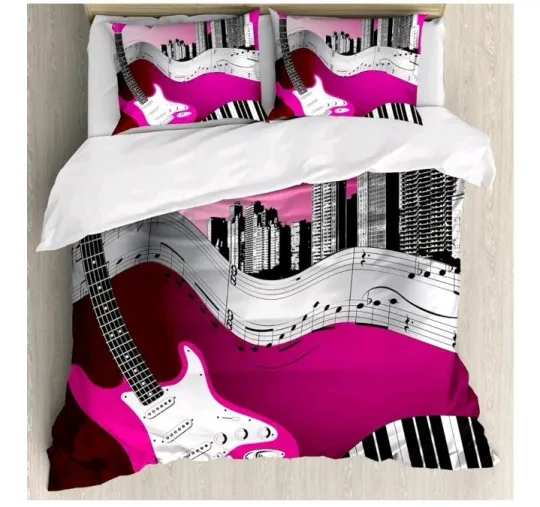 Discover Ambesonne Music Duvet Cover Set, Bass Guitar Keyboard Urban Rock