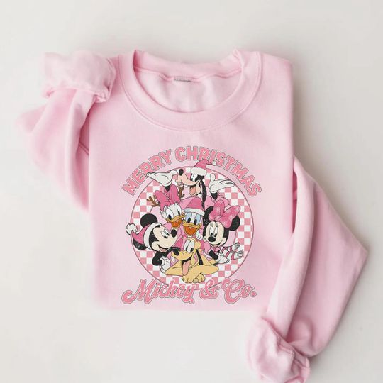 Discover Vintage Checkered Disney Christmas Sweatshirt, Mickey Friends Pink Christmas Tree Sweater, Family Gift, Christmas Disney Gift for Her