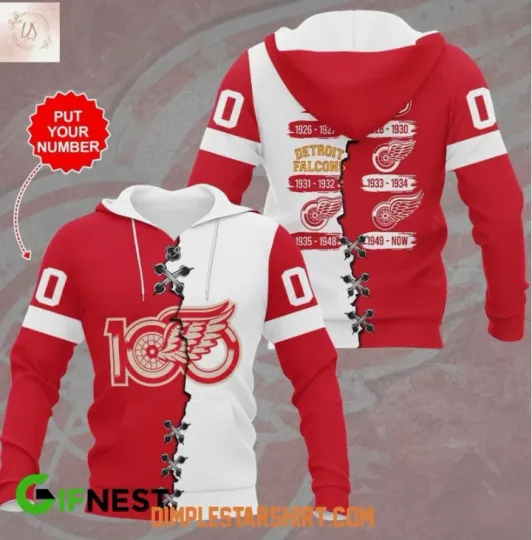 Discover Custom Number Detroit Red Winggg 100 Years 3D Hoodie Gift For Chirstmas