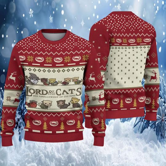 Lord of the Cats Ugly Christmas Sweater, Funny LOTR Cat Lover Gift, Fellowship of the Ring Xmas Party Sweatshirt, Cat Mom Gift