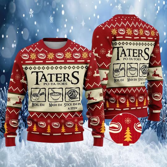 Funny Potatoes Ugly Sweater for Men, Boil Em Mash Em Stick Em In a Stew Shirt, Unisex Crewneck Potato Graphic Long Sleeve, Funny Sayings Tee