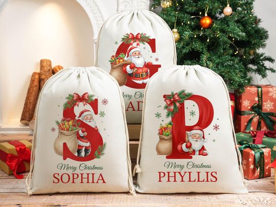 Personalized Large Santa Sack, Christmas Family Santa Bags, Stocking with Name, Gift Bag, Holiday Decor, Eve Bag