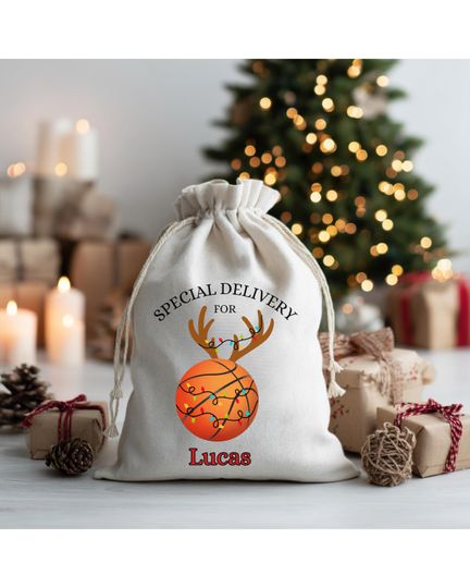 Discover Custom Name Basketball Christmas Gift Bag, Personalized Holiday Vibes Drawstring Sack for Basketball Lover, Santa Hat & Lights, Gift Wrap